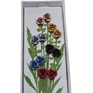 New in Box Earrings 6 Pair Rose Studs Various Colors Metallic Romantic Flowers